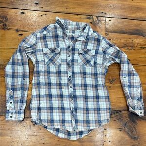 Orvis Blue and Tan Plaid Button-Down Shirt Size Large
